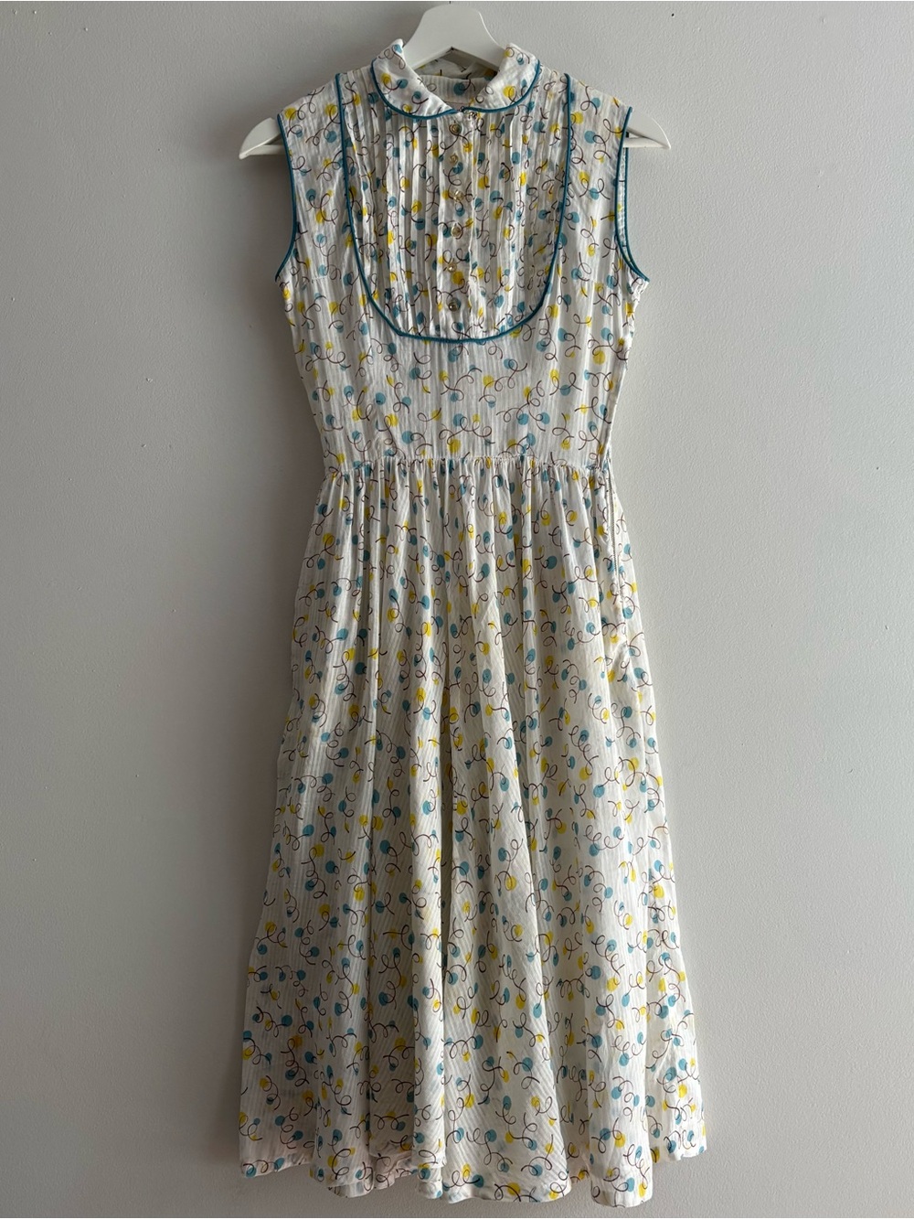 Vintage 1950s Sheer White & Blue Novelty Print Dress / 24 waist